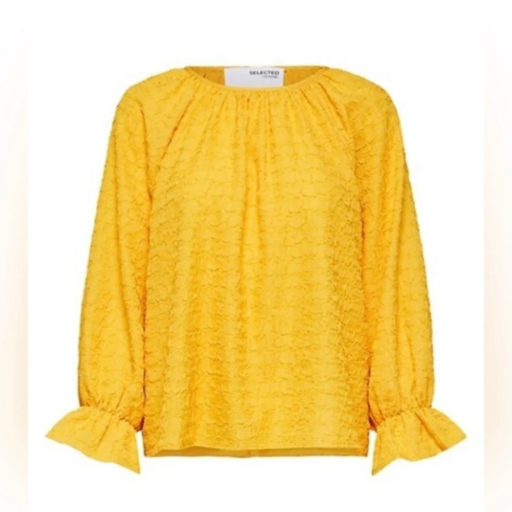 Selected Femme Yellow Lissy Blouse Top Crew Neck 7/8 Balloon Sleeve Sz 46 US 14